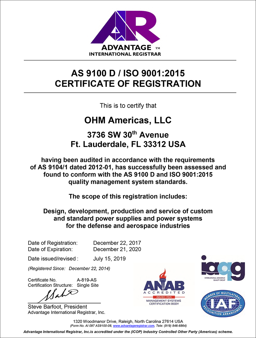 OHM Power Solutions certifications